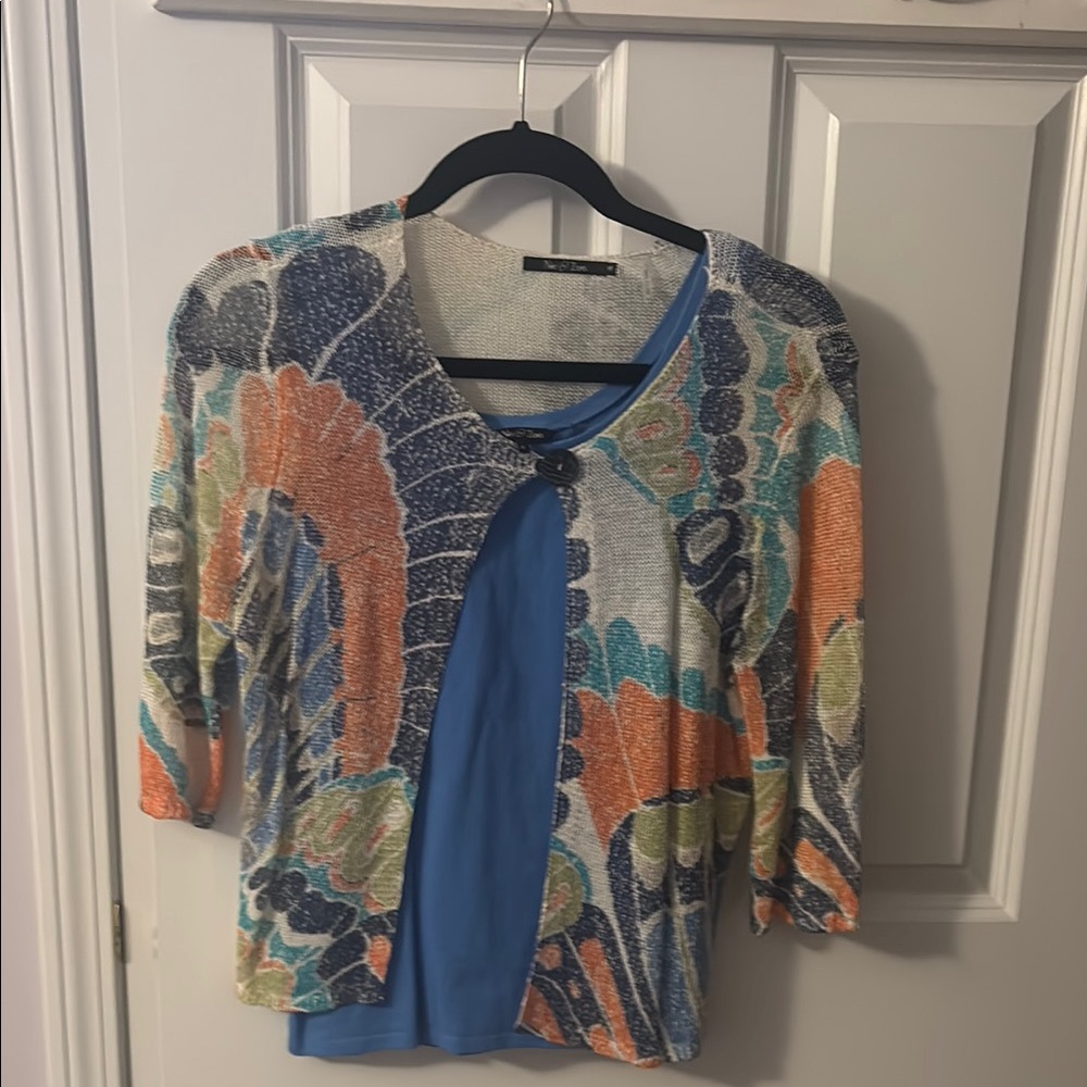 Colorful Nic + Zoe  Cardigan with Blue Top
